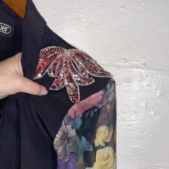 Vintage Pink Sequin Shoulder Floral Sleeve Blazer Black Sheer 80s Wrapper USA - Picture 5 of 10